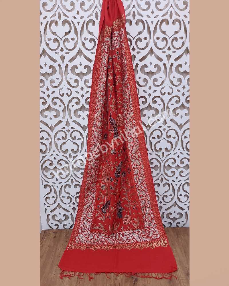 Red Pashmina Full Zari Work Shawl with Peacock Motif